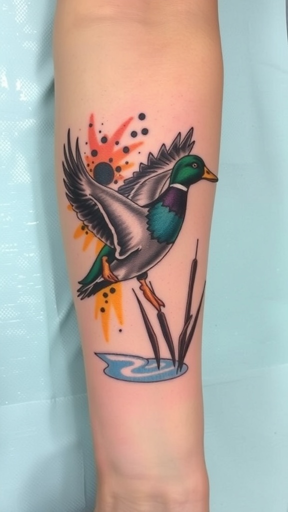 A colorful duck tattoo design featuring a duck in flight with nature elements.